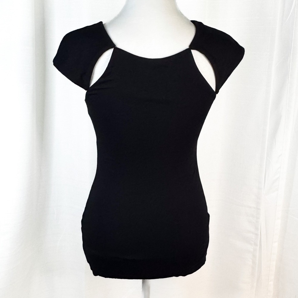 Bailey 44 Womens S Black Cutout Cap Sleeve Stretch Top Fitted Blouse EUC